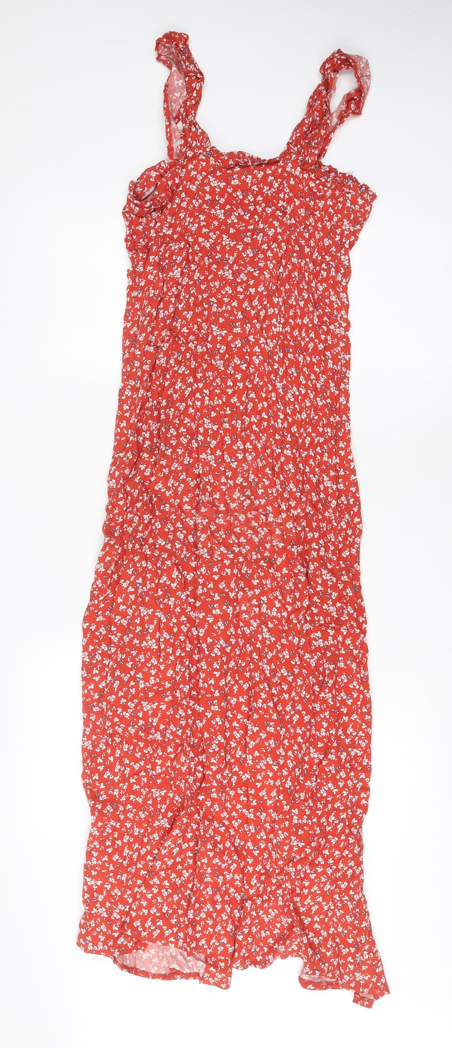 Topshop Womens Red Floral Viscose A-Line Size 8 Square Neck Button - Side slits