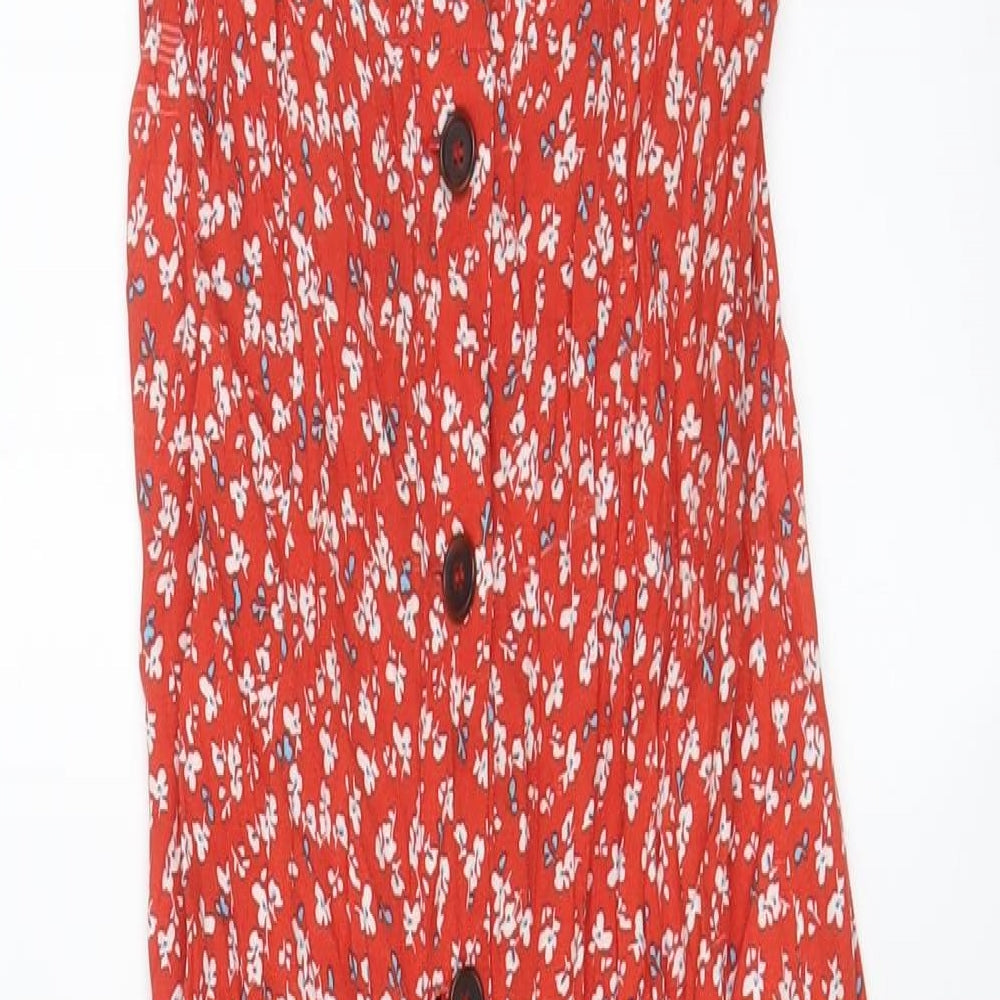Topshop Womens Red Floral Viscose A-Line Size 8 Square Neck Button - Side slits