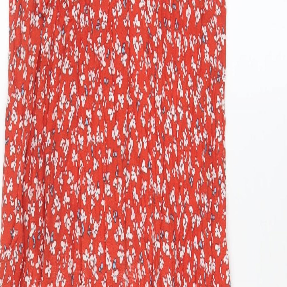 Topshop Womens Red Floral Viscose A-Line Size 8 Square Neck Button - Side slits