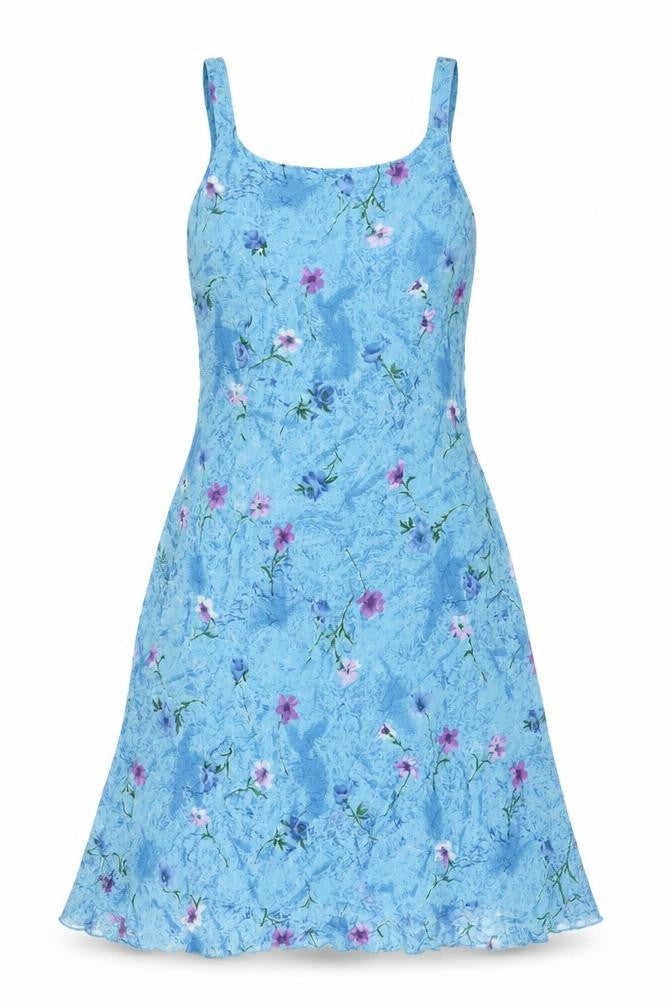 Adini Womens Blue Floral Polyester A-Line Size S Square Neck Pullover