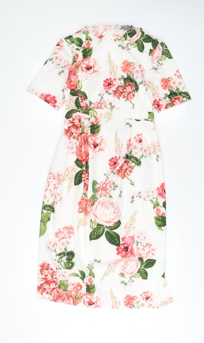 Additional front view of ASOS women’s white floral polyester sheath, size UK 8, crew neck zip