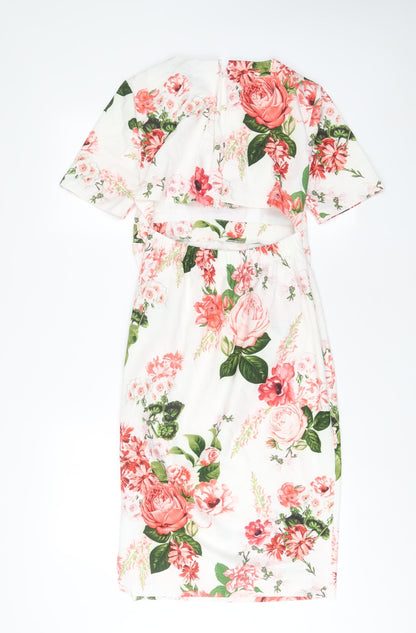 Back view of ASOS women’s white floral polyester sheath, size UK 8, crew neck zip
