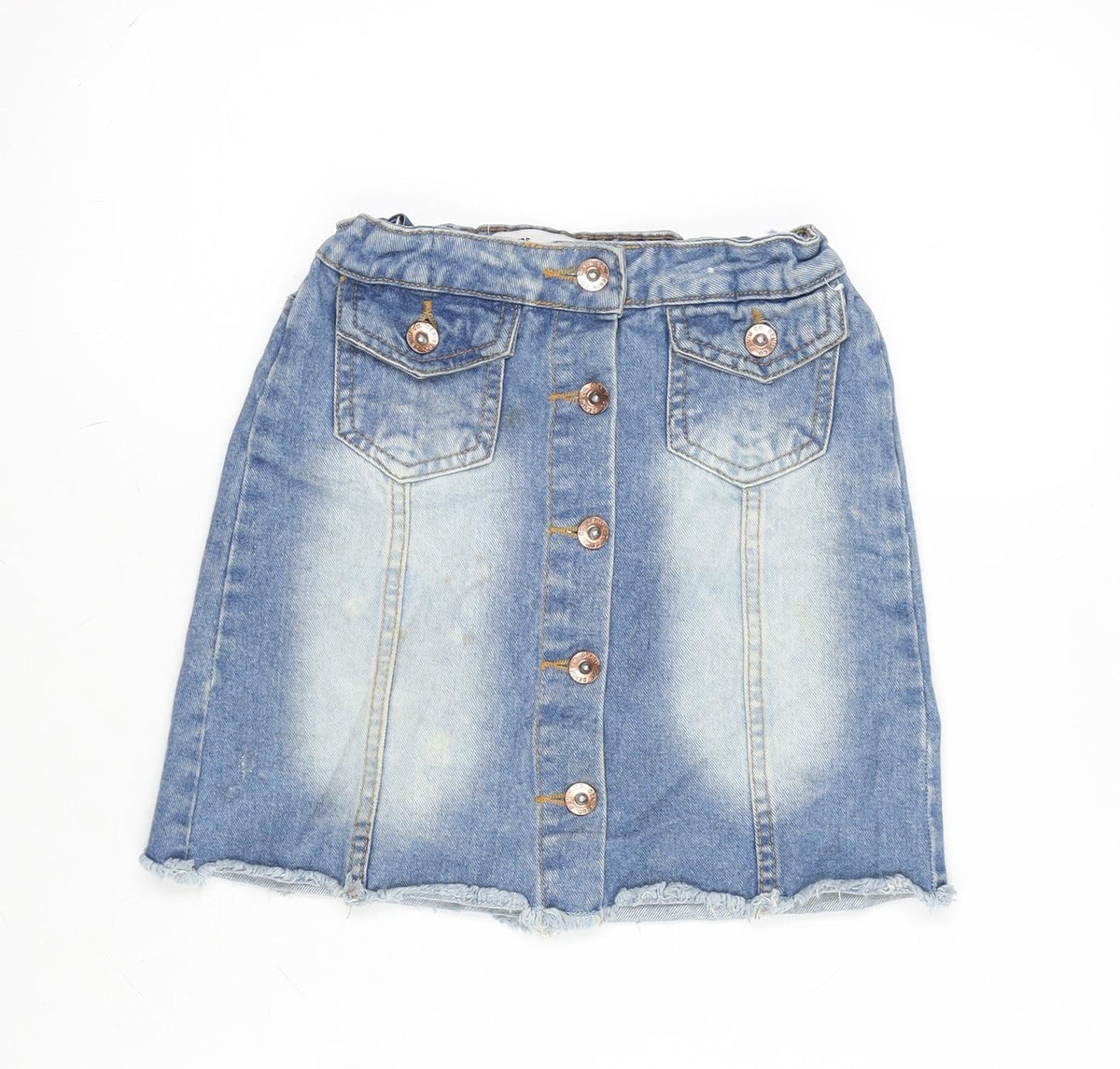 Additional front view of Denim & Co. girls’ blue cotton a-line skirt, size 9-10, years regular button