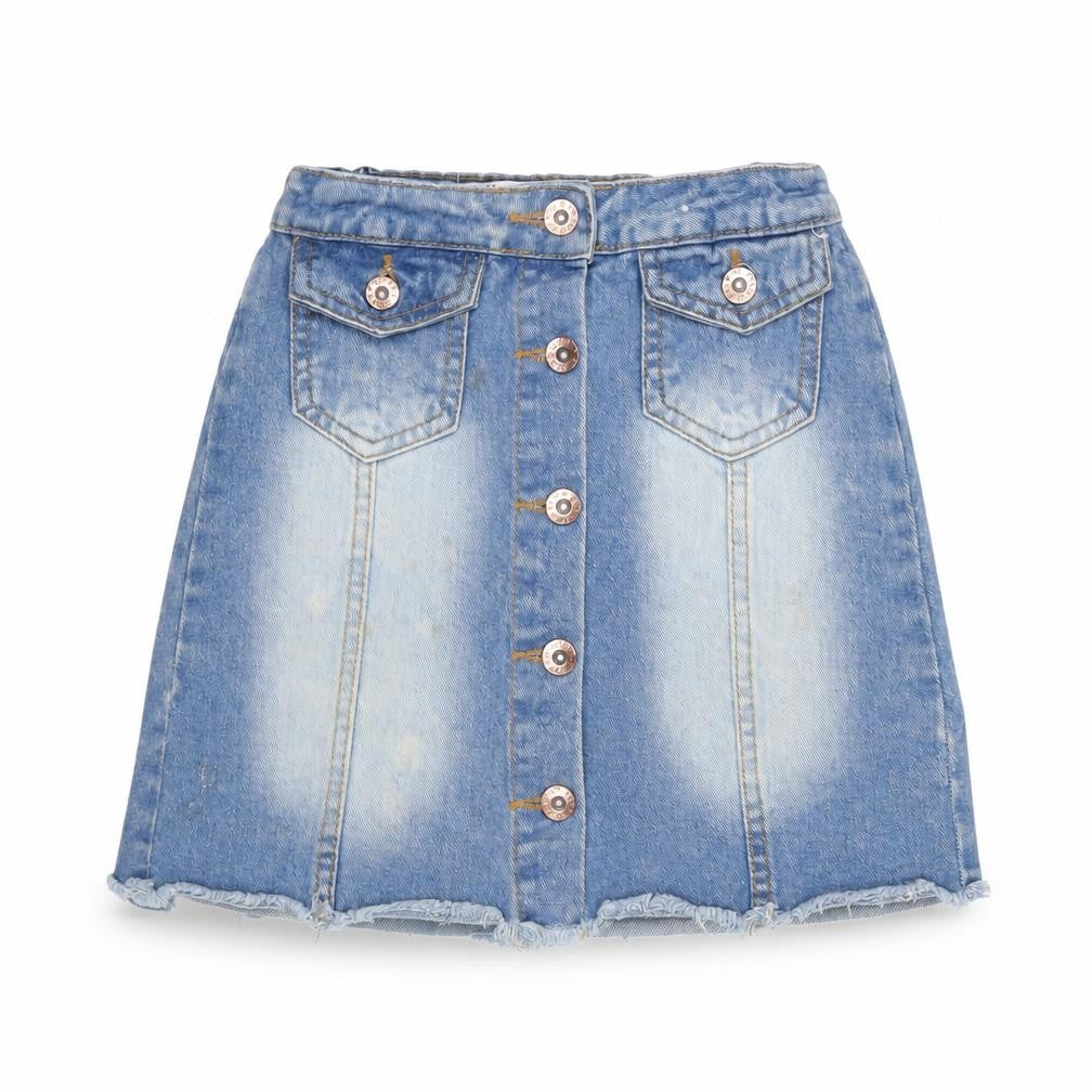 Front view of Denim & Co. girls’ blue cotton a-line skirt, size 9-10, years regular button
