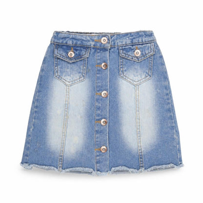 Front view of Denim & Co. girls’ blue cotton a-line skirt, size 9-10, years regular button