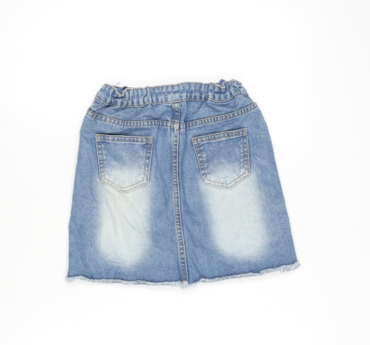Back view of Denim & Co. girls’ blue cotton a-line skirt, size 9-10, years regular button