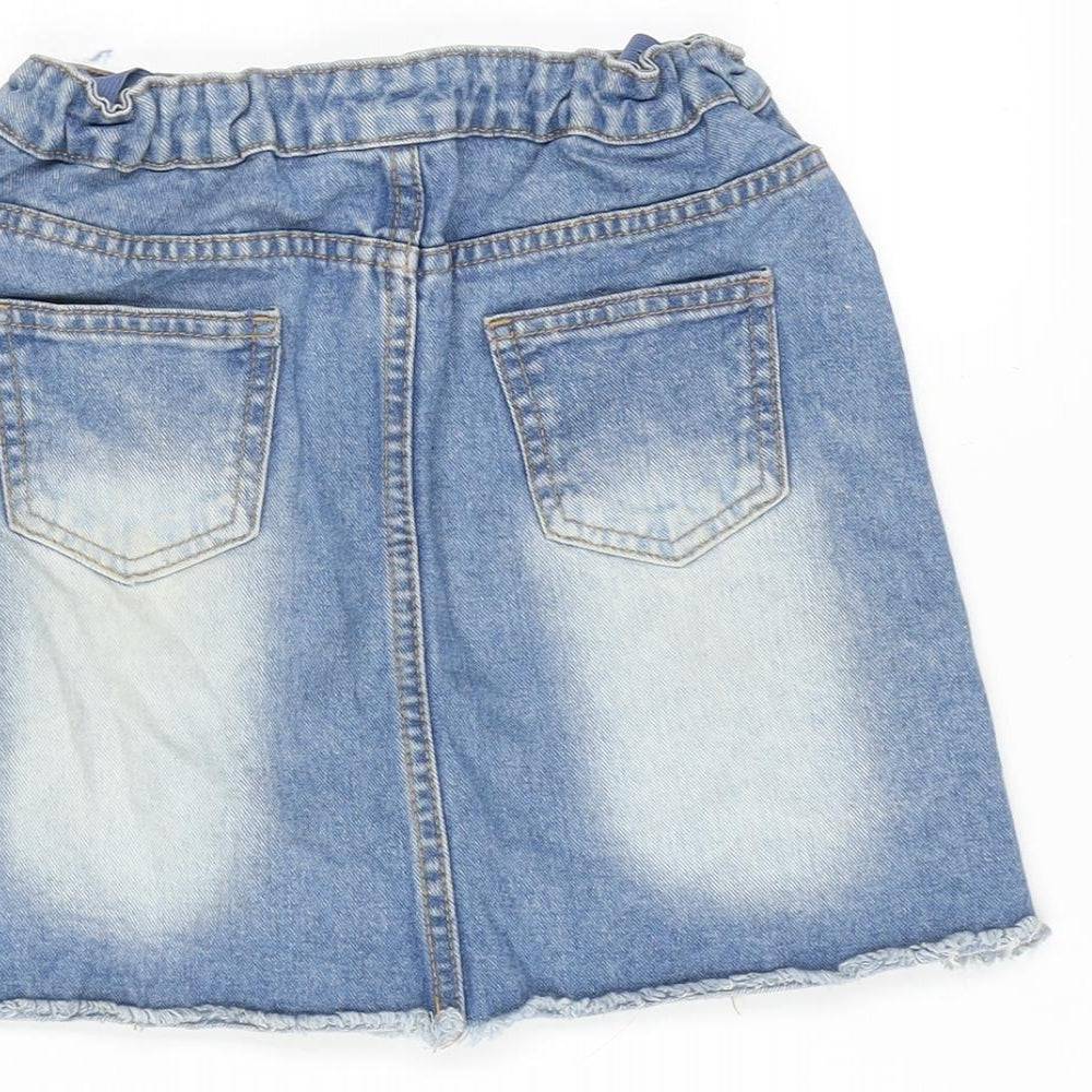 Brand and care label for Denim & Co. girls’ blue cotton a-line skirt, size 9-10, years regular button
