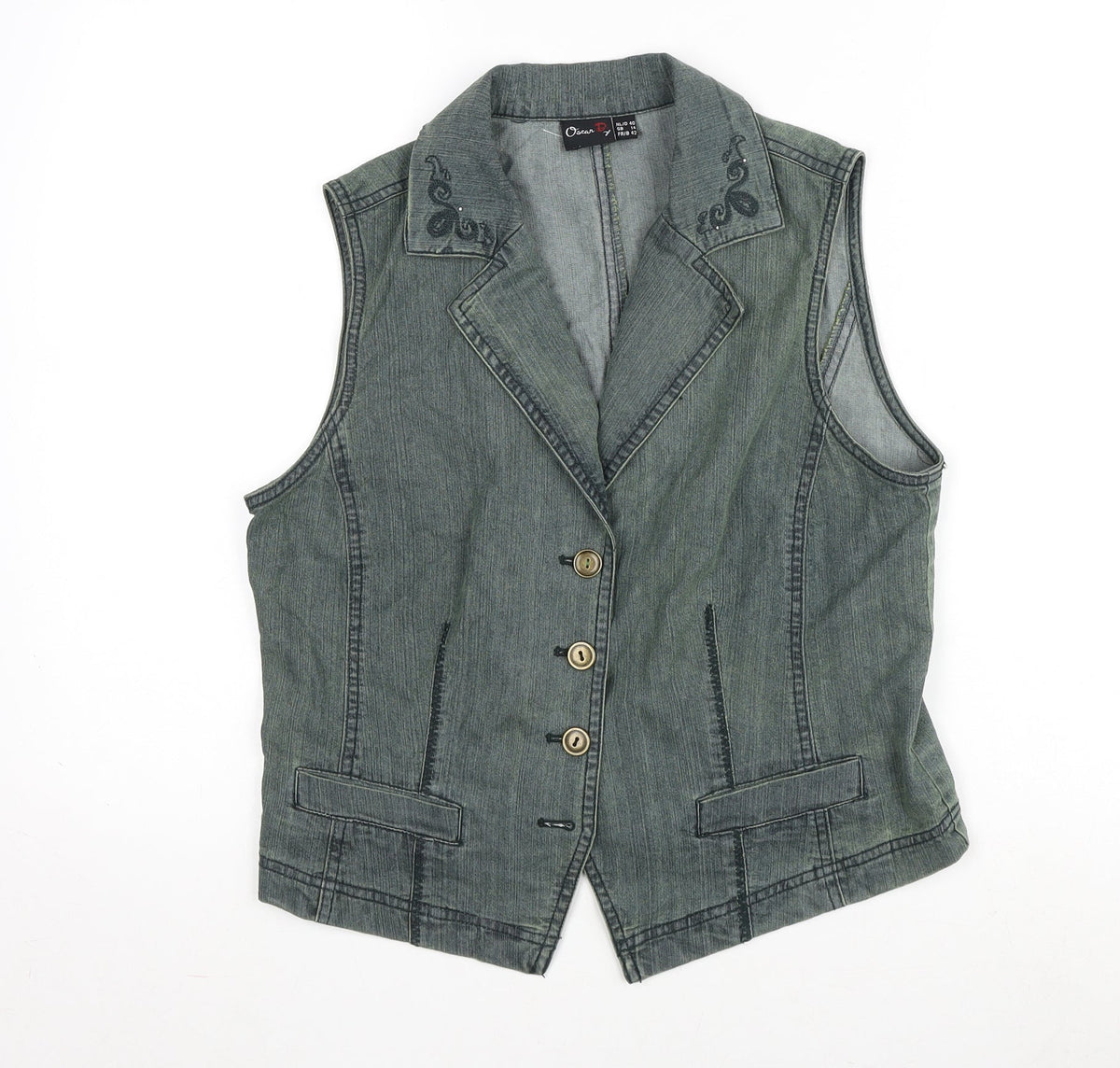 Additional front view of Oscar B women’s green gilet waistcoat, size UK 14, button