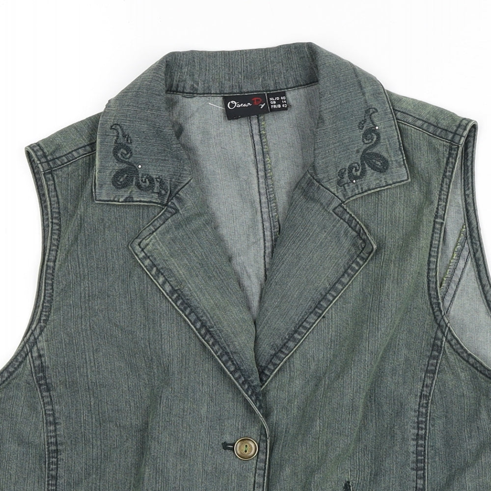Close-up detail of Oscar B women’s green gilet waistcoat, size UK 14, button