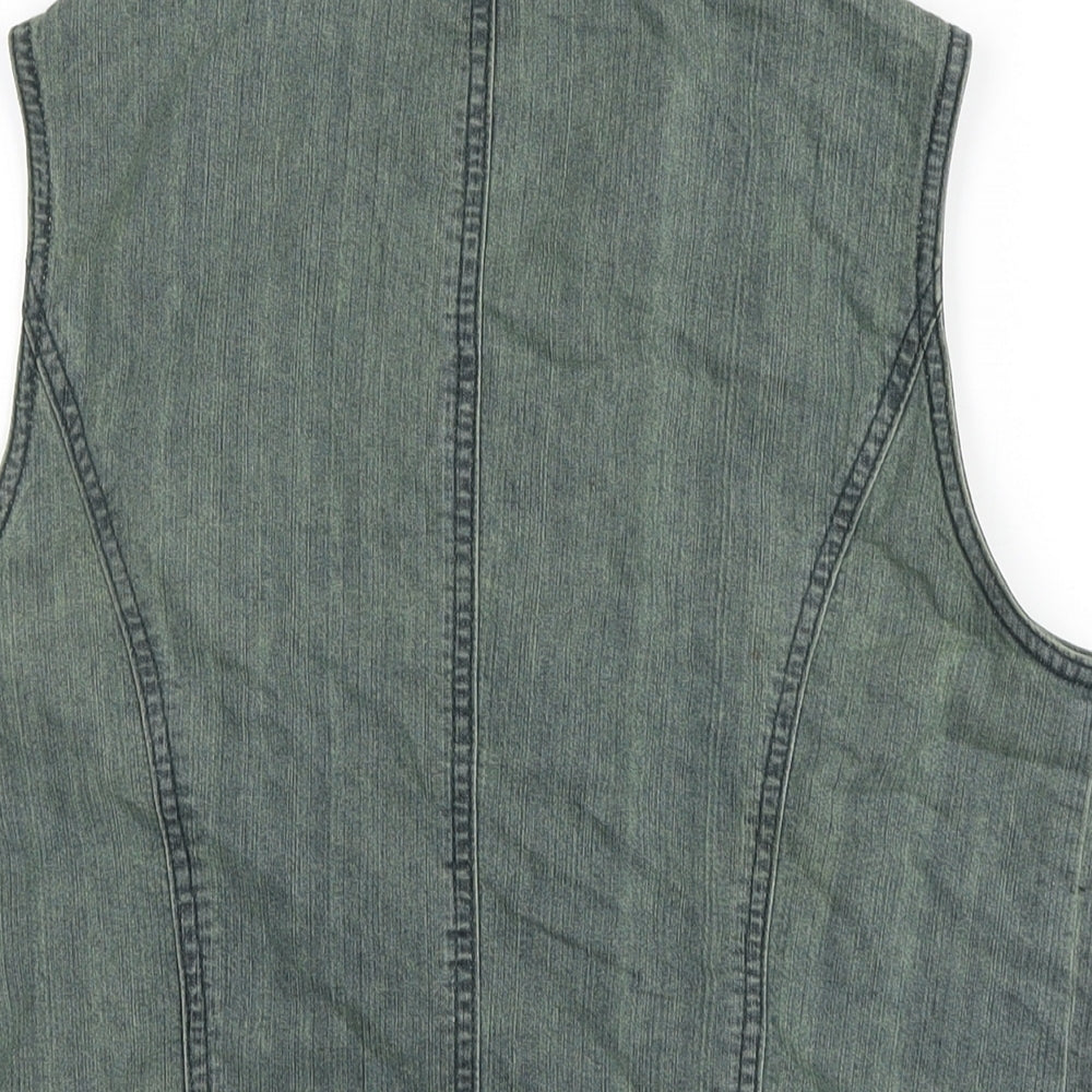 Brand and care label for Oscar B women’s green gilet waistcoat, size UK 14, button