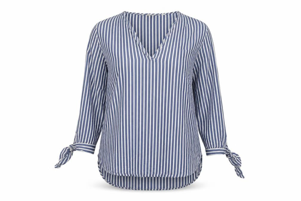 H&M Womens Blue Striped Cotton Basic Blouse Size 6 V-Neck