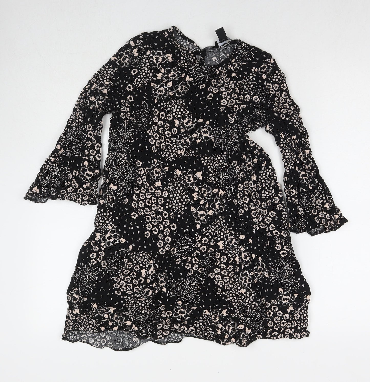 New Look Womens Black Geometric Viscose A-Line Size 8 Round Neck Button