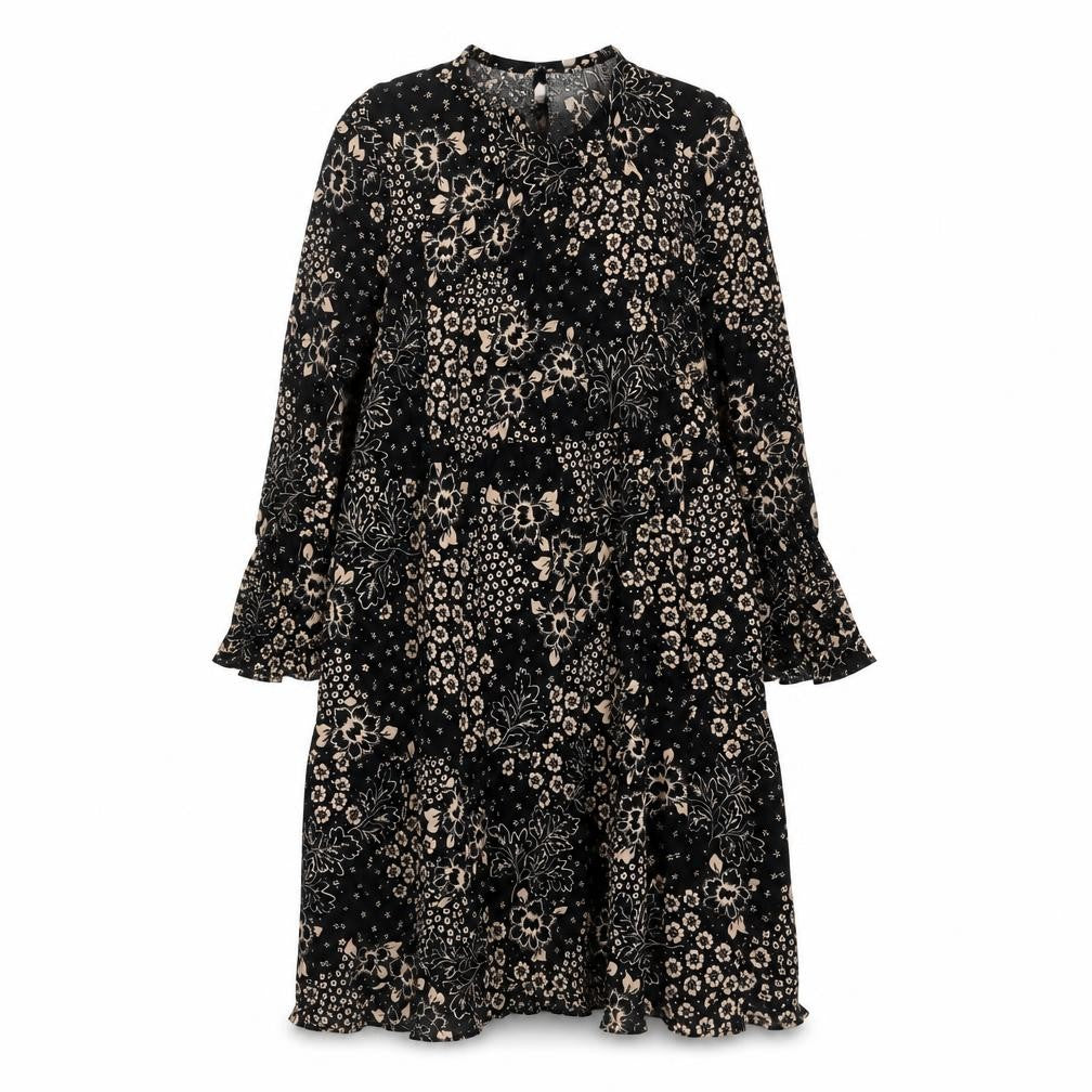 New Look Womens Black Geometric Viscose A-Line Size 8 Round Neck Button