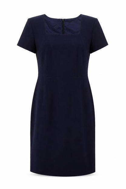Front view of Kaleidoscope women’s blue polyester a-line, size UK 14, square neck zip