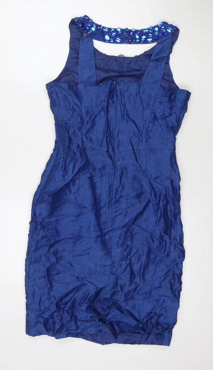 Back view of Kaliko women’s blue polyester a-line, size UK 10, round neck zip
