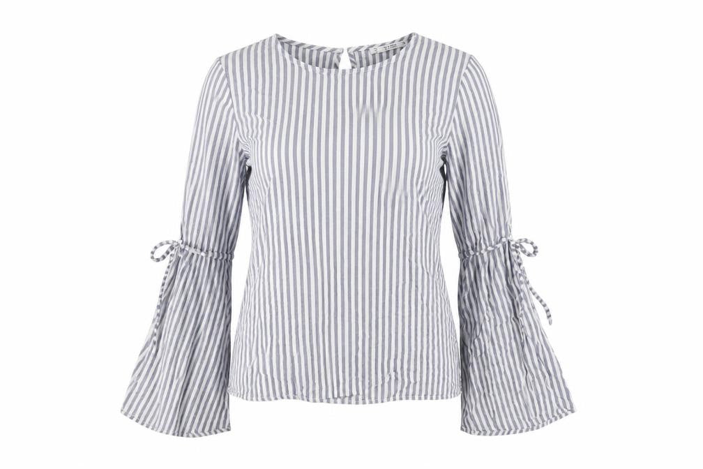 Pull&Bear Womens Blue Striped Viscose Basic Blouse Size S Round Neck - Flare Sleeve