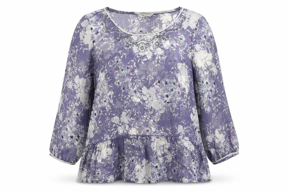 Indigo Womens Blue Floral Polyester Basic Blouse Size 14 Boat Neck - Sheer
