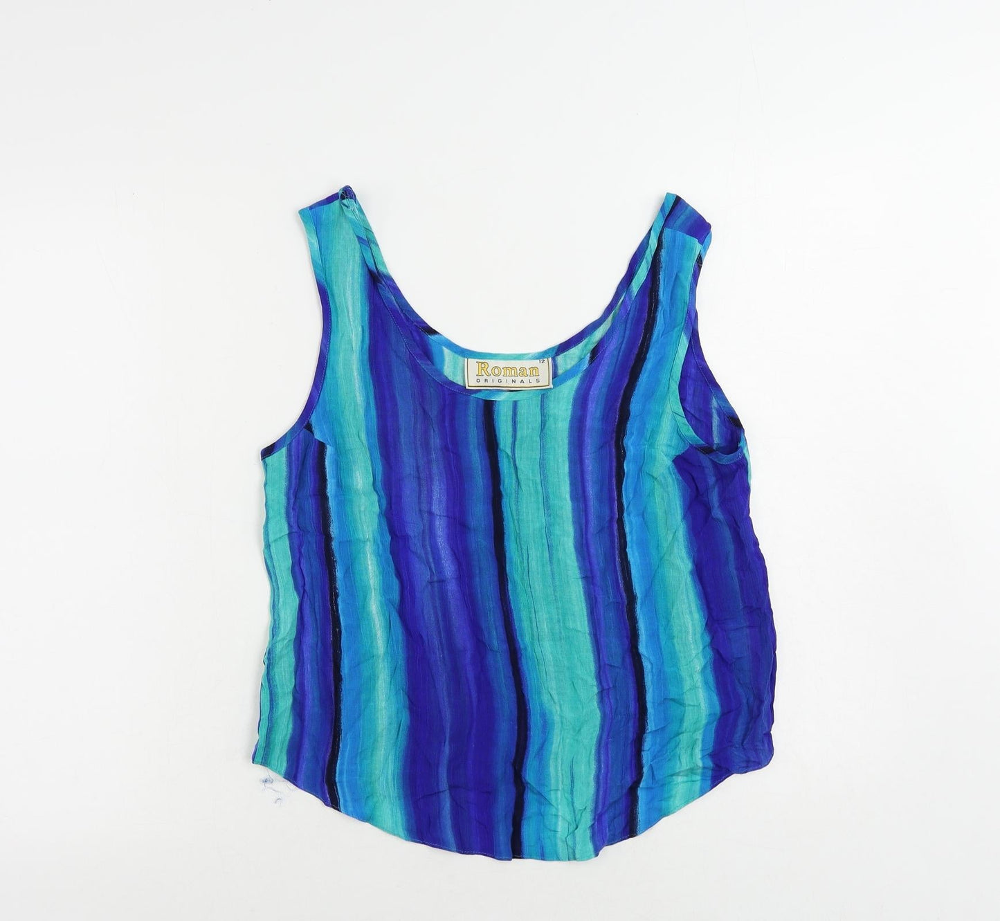 Roman Womens Blue Striped Viscose Basic Tank Size 12 Scoop Neck