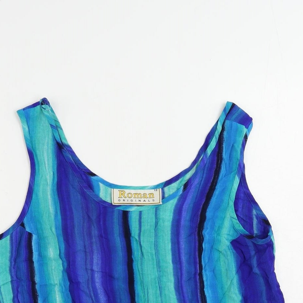 Roman Womens Blue Striped Viscose Basic Tank Size 12 Scoop Neck