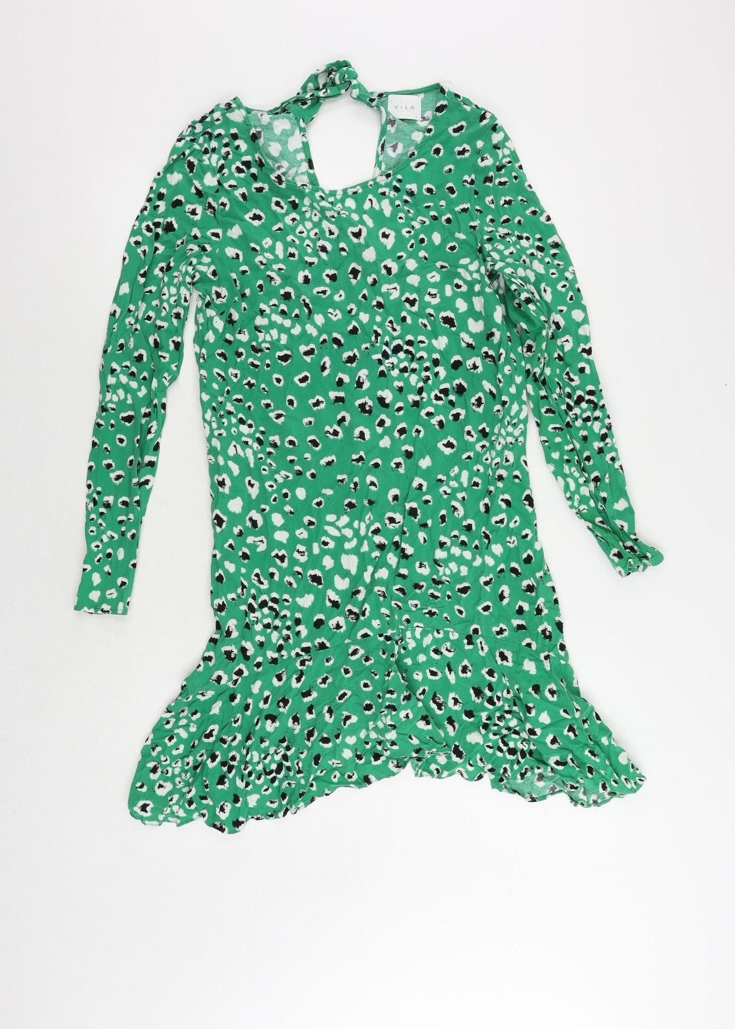 VILA Womens Green Animal Print Viscose Sheath Size 8 Boat Neck Tie - Ruffle