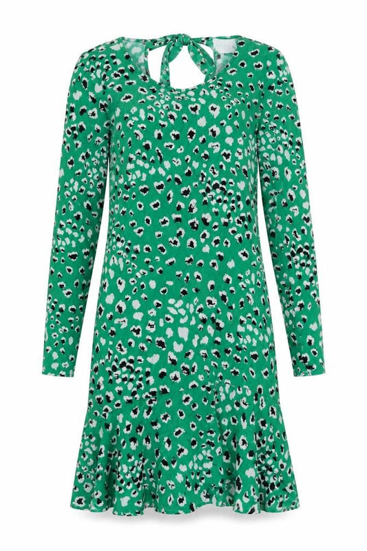 VILA Womens Green Animal Print Viscose Sheath Size 8 Boat Neck Tie - Ruffle