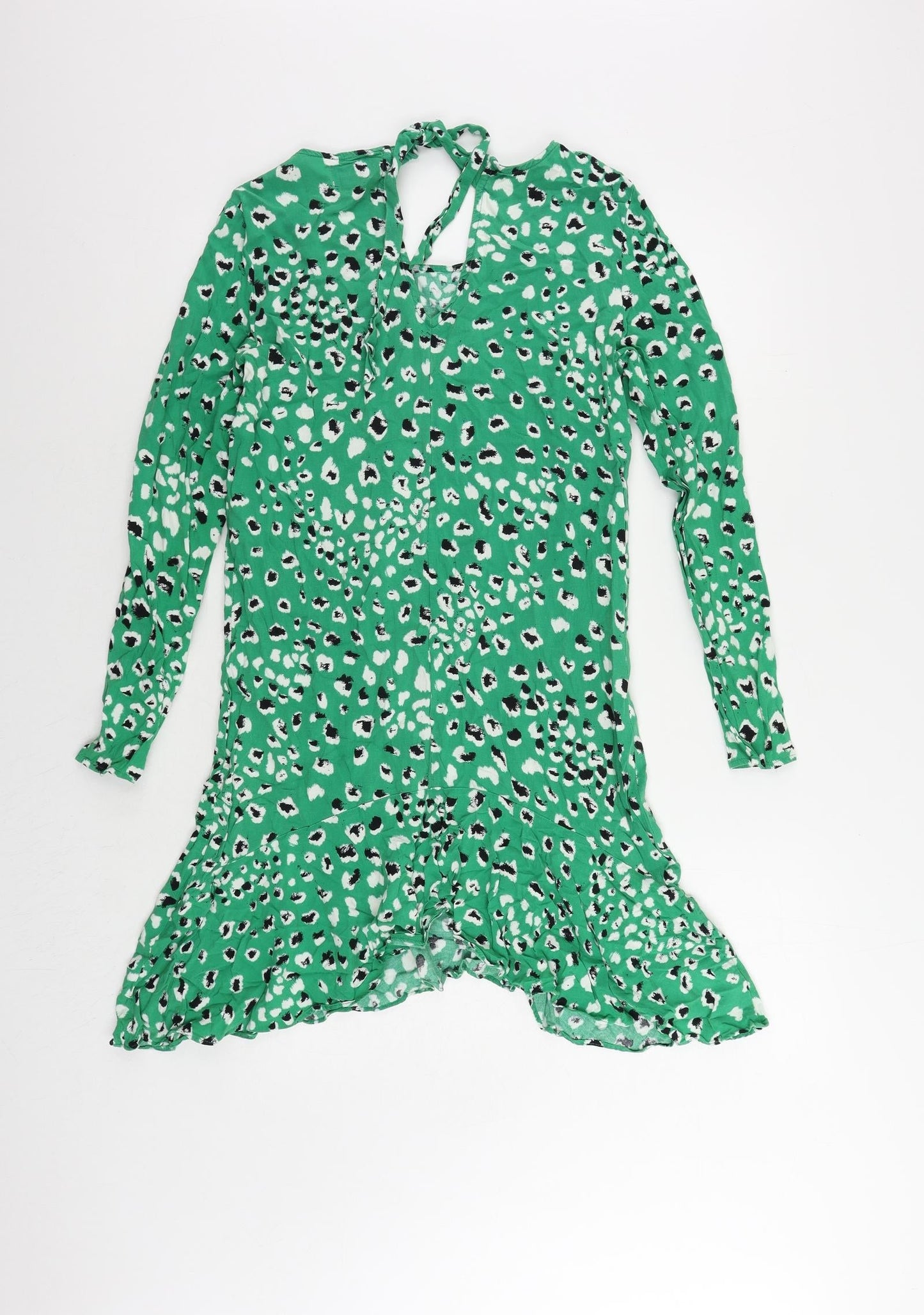 VILA Womens Green Animal Print Viscose Sheath Size 8 Boat Neck Tie - Ruffle