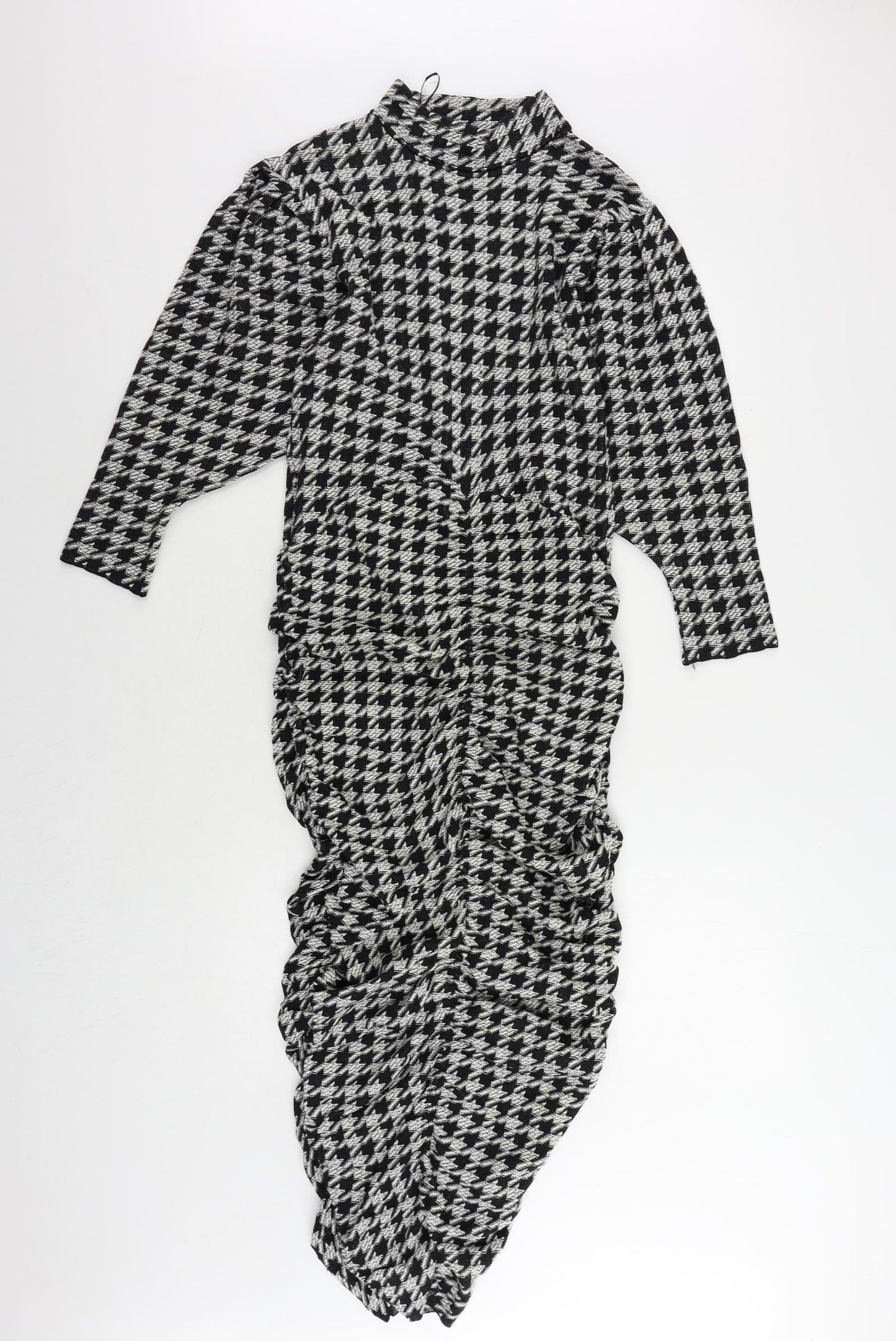 Zara Womens Black Geometric Viscose Sheath Size S Mock Neck Pullover - Ruched