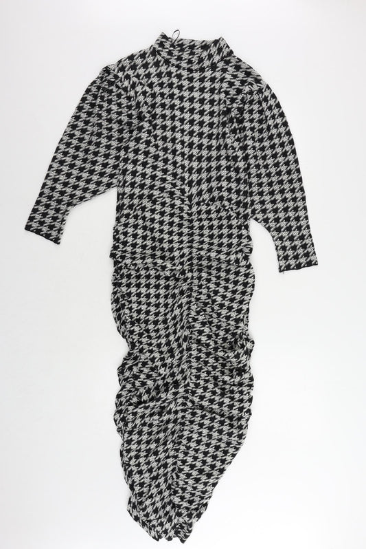 Zara Womens Black Geometric Viscose Sheath Size S Mock Neck Pullover - Ruched
