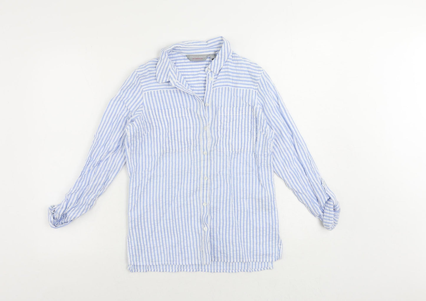Dorothy Perkins Womens Blue Striped Cotton Basic Button-Up Size 8 Collared