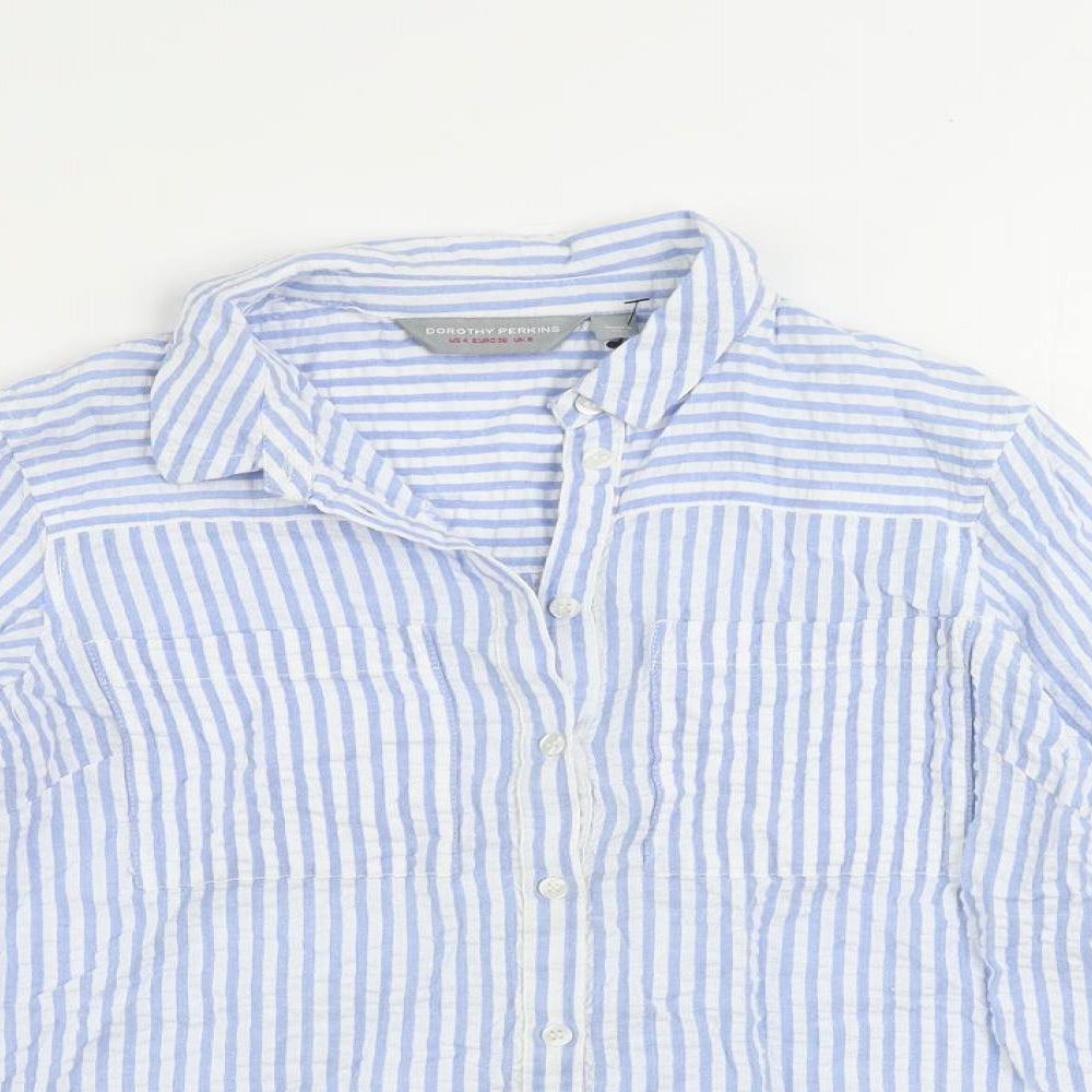 Dorothy Perkins Womens Blue Striped Cotton Basic Button-Up Size 8 Collared