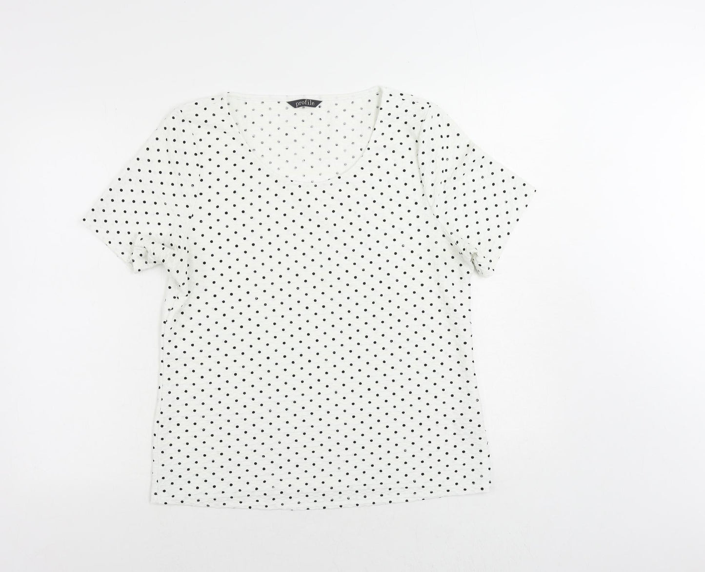 Profile Womens White Polka Dot Polyester Basic T-Shirt Size 14 Round Neck