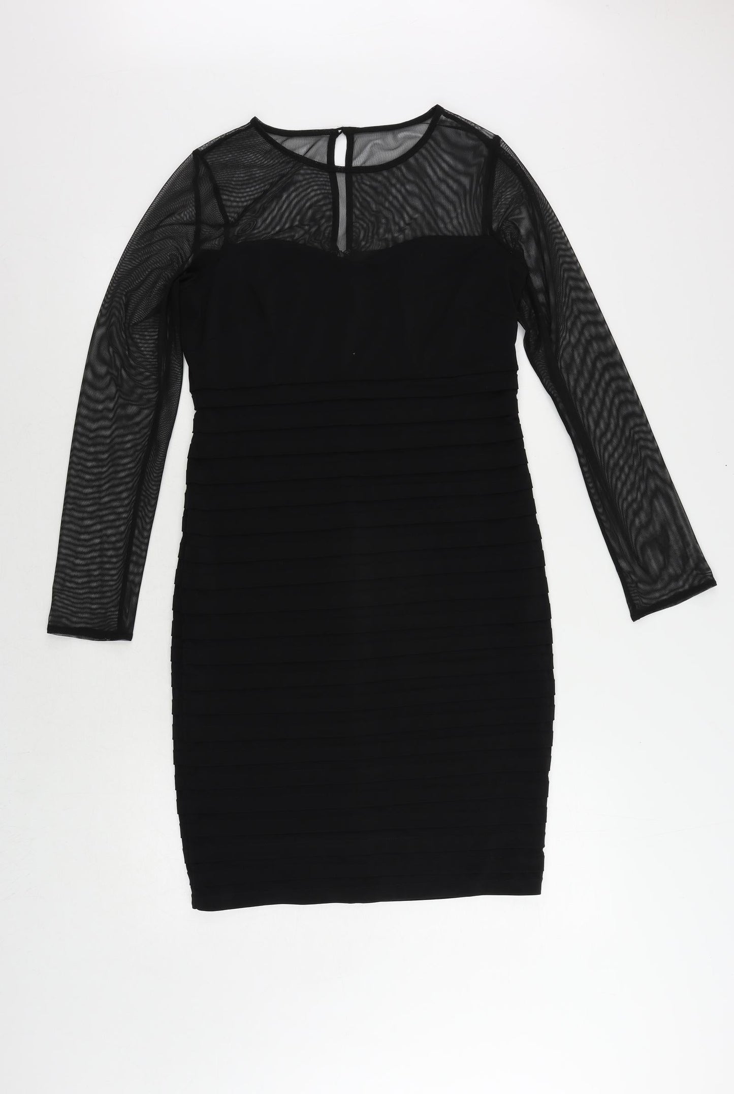 Wallis Womens Black Polyester Pencil Dress Size 10 Round Neck Button - Sheer Sleeves