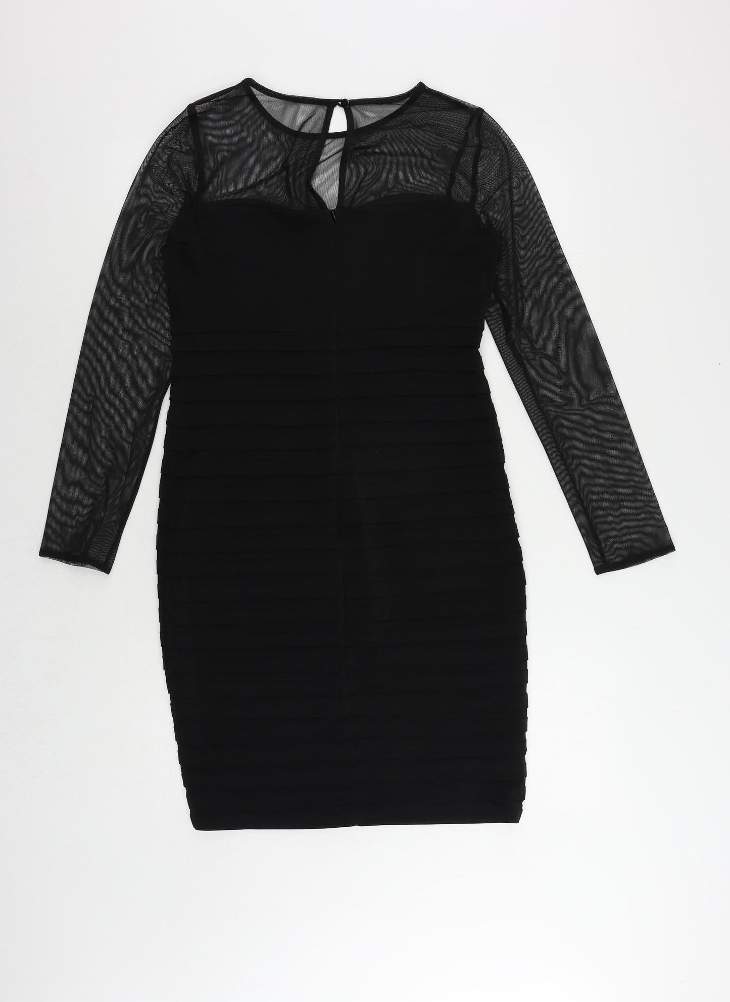 Wallis Womens Black Polyester Pencil Dress Size 10 Round Neck Button - Sheer Sleeves