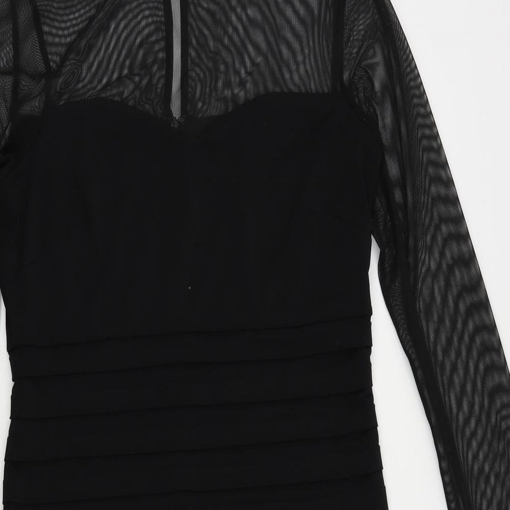 Wallis Womens Black Polyester Pencil Dress Size 10 Round Neck Button - Sheer Sleeves