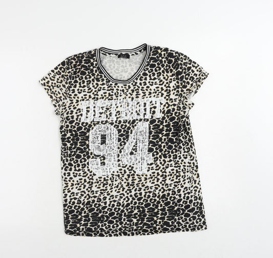 M&Co Girls Black Animal Print Cotton Pullover T-Shirt Size 13 Years Crew Neck Pullover