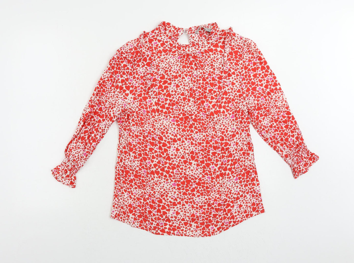 Oasis Womens Red Geometric Viscose Basic Blouse Size 10 Mock Neck - Heart Pattern