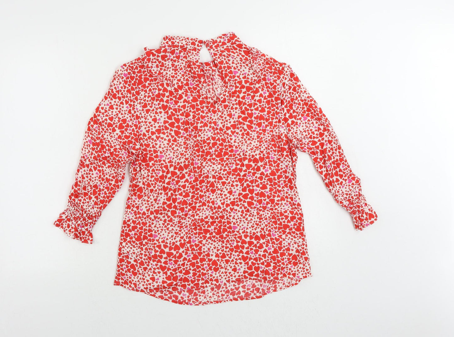 Oasis Womens Red Geometric Viscose Basic Blouse Size 10 Mock Neck - Heart Pattern