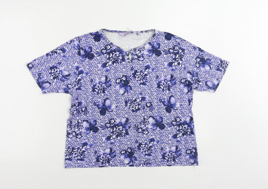 EWM Womens Blue Geometric Cotton Basic T-Shirt Size 14 Round Neck - Size 14-16