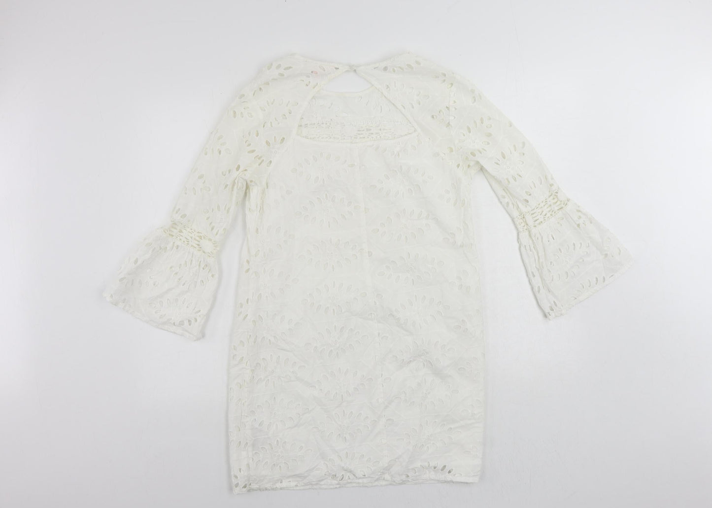Miss Selfridge Womens White Cotton Shift Size 12 Round Neck Button - Broderie Anglaise