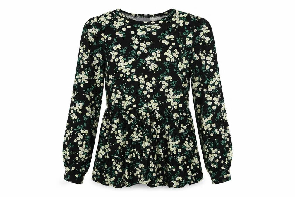 New Look Womens Black Floral Viscose Basic Blouse Size 8 Round Neck - Peplum