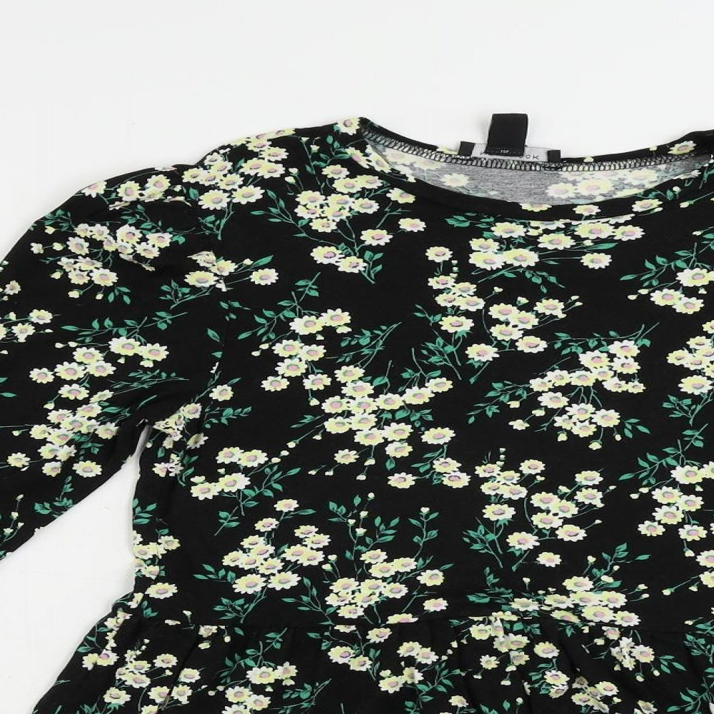 New Look Womens Black Floral Viscose Basic Blouse Size 8 Round Neck - Peplum