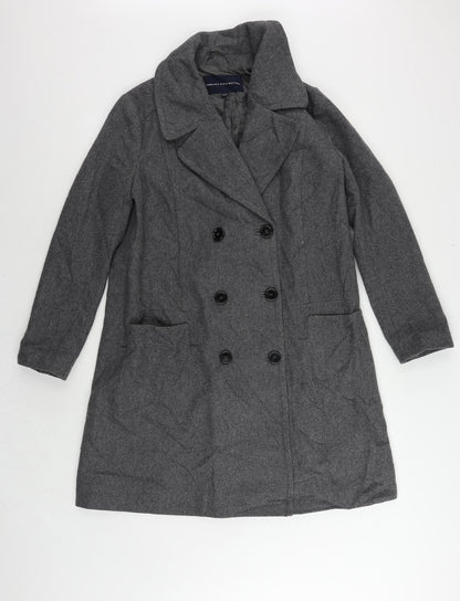 Additional front view of French Connection women’s grey overcoat coat, size UK 10, button