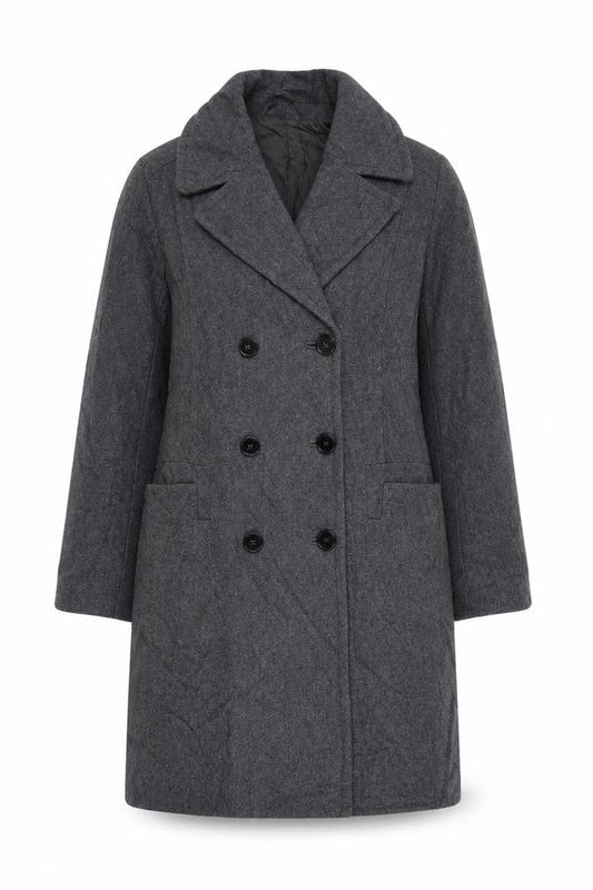 Front view of French Connection women’s grey overcoat coat, size UK 10, button