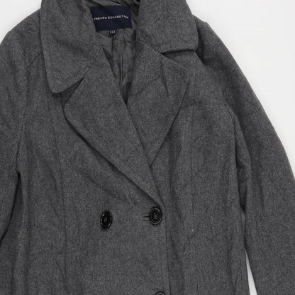 Close-up detail of French Connection women’s grey overcoat coat, size UK 10, button