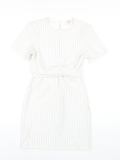 Additional front view of Miss Selfridge women’s white striped polyester bodycon, size UK 6, round neck button