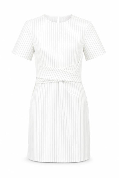 Front view of Miss Selfridge women’s white striped polyester bodycon, size UK 6, round neck button