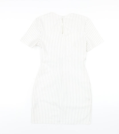 Back view of Miss Selfridge women’s white striped polyester bodycon, size UK 6, round neck button