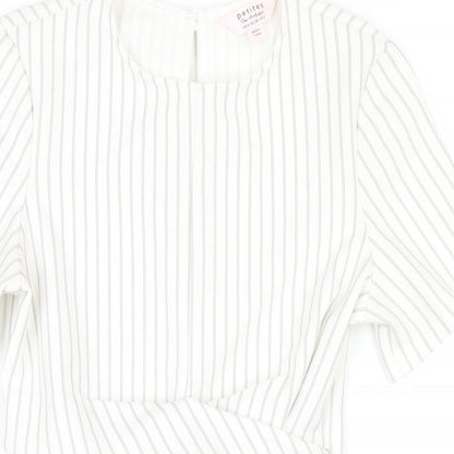 Close-up detail of Miss Selfridge women’s white striped polyester bodycon, size UK 6, round neck button