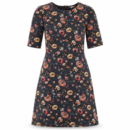 Warehouse Womens Blue Floral Viscose A-Line Size 10 Round Neck Zip
