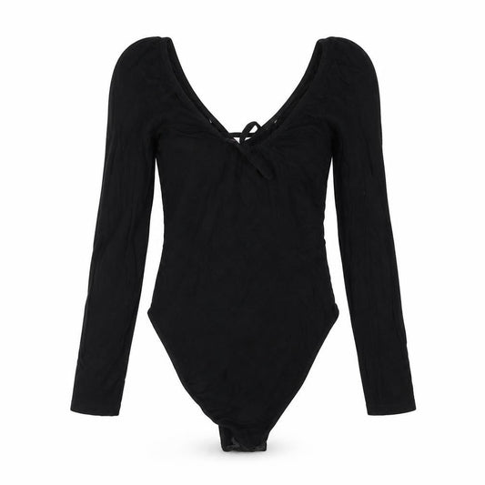 Front view of Miss Selfridge women’s black vinyl bodysuit one-piece, size UK 6, snap